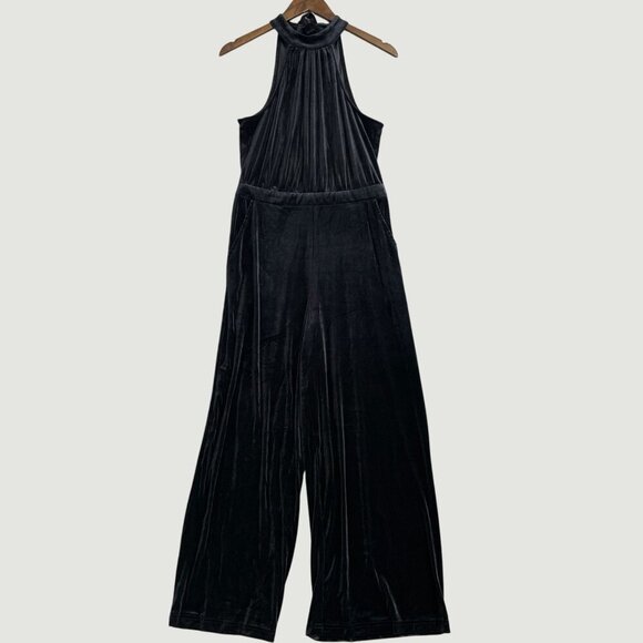 NEW A new Day Women's S Black Velvet Halter Wide Leg Jumpsuit High Neck h1786 - Picture 2 of 9